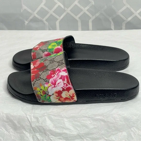 Gucci GG Supreme Blooms Floral Slides Black Pink Monogram Sandals Women’s 40 - Picture 4 of 13
